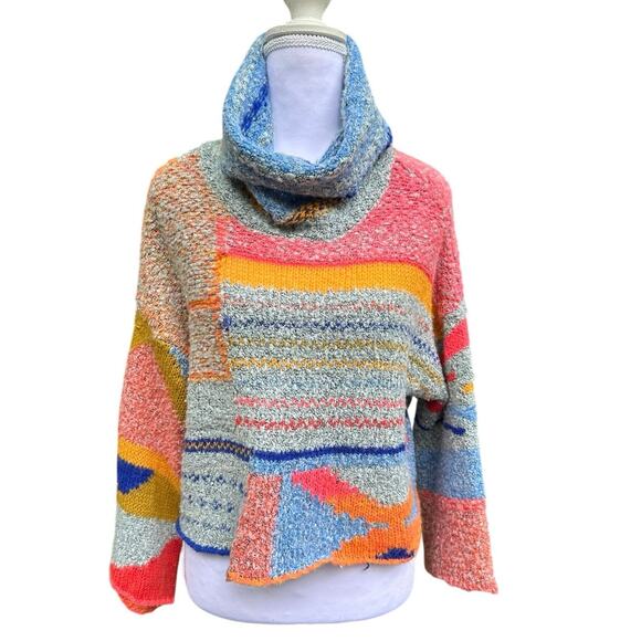 Sincerely Jewels XS Oversized Bright Turtleneck Y2K Striped Geometric Sweater - Picture 1 of 6